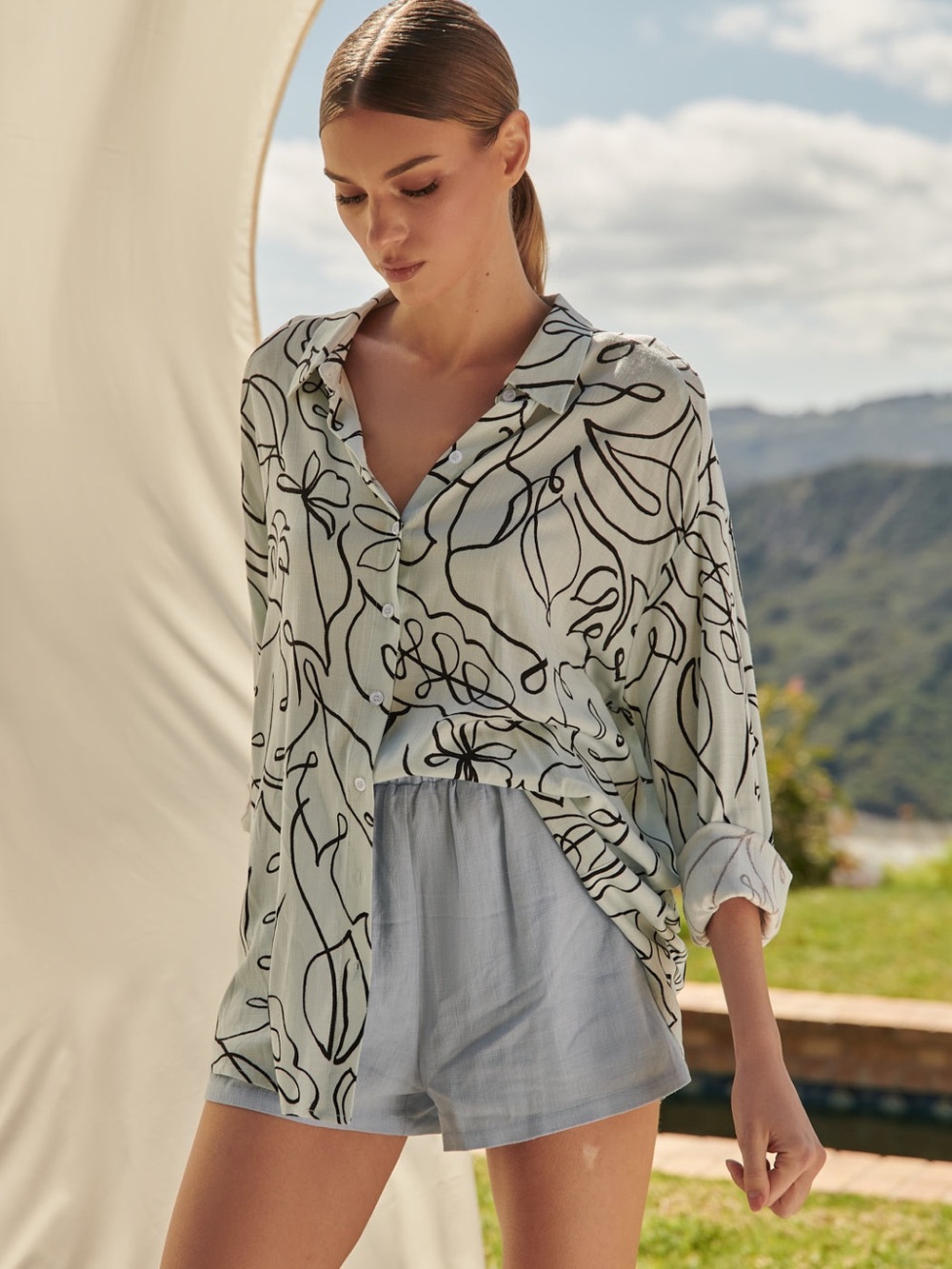 Sugarlips Mint Button-Down Shirt with Black Abstract Line Print